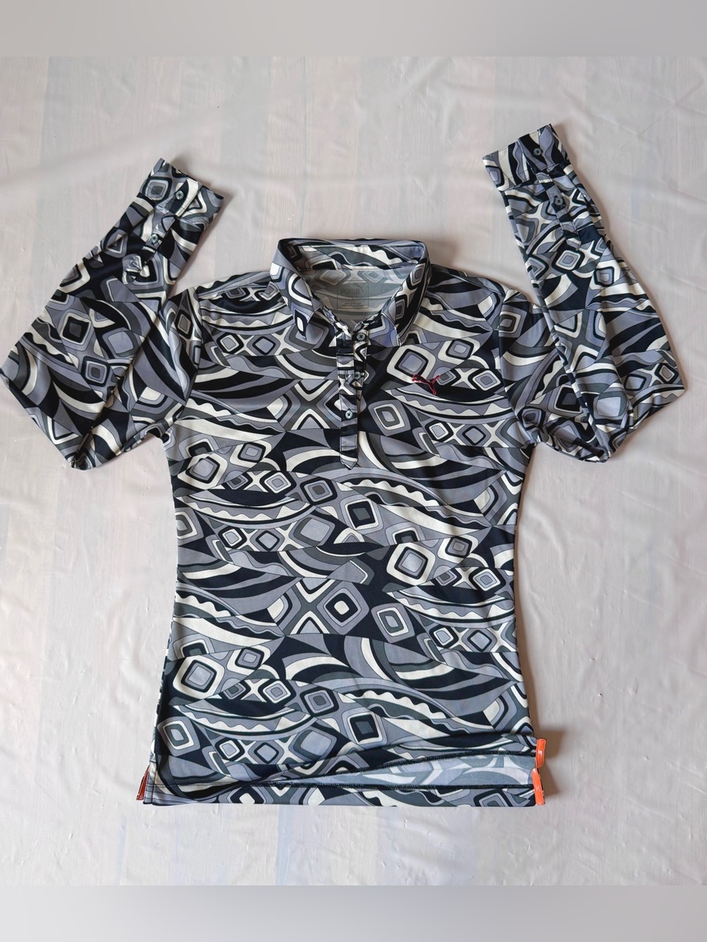 Puma Golf Polo Shirt Long Sleeve Geometric Swirl Print Gray Black Women's Slim S
